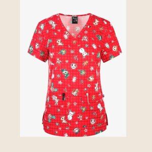 NWT Tokidoki X Koi Women Sz M Scrub Top Christmas Red Plaid Cute Pockets V Neck